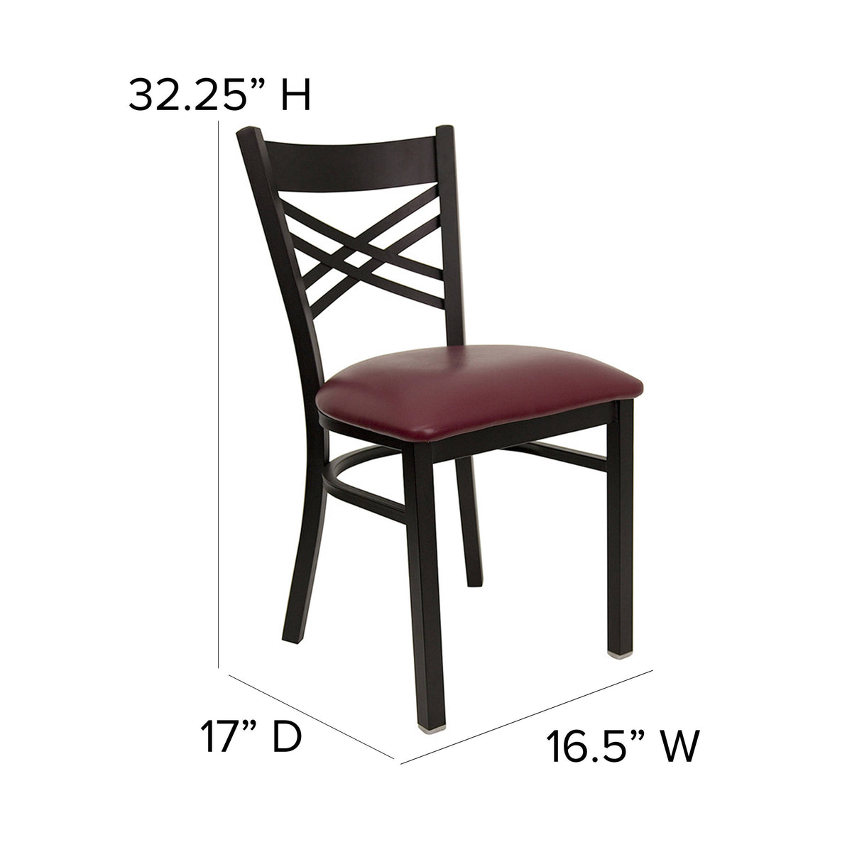 Burgundy Vinyl Seat/Black Metal Frame |#| Black "X" Back Metal Restaurant Chair - Burgundy Vinyl Seat