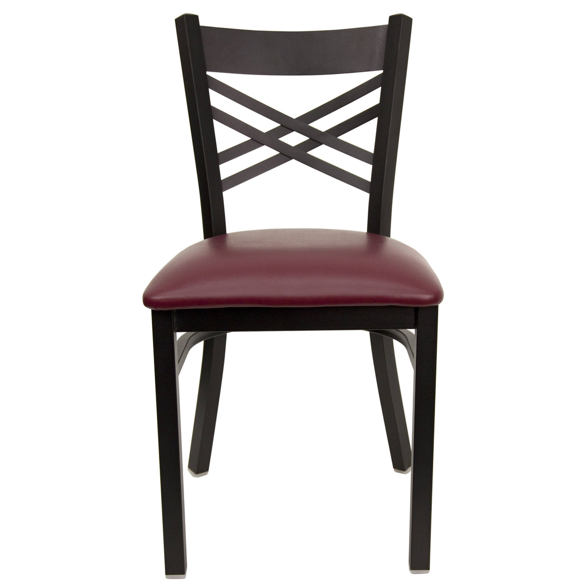 Burgundy Vinyl Seat/Black Metal Frame |#| Black "X" Back Metal Restaurant Chair - Burgundy Vinyl Seat