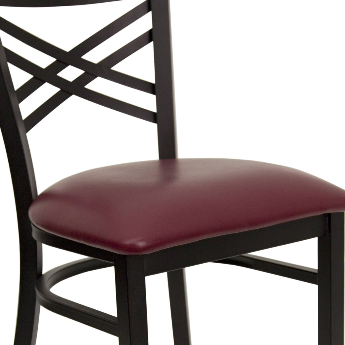 Burgundy Vinyl Seat/Black Metal Frame |#| Black "X" Back Metal Restaurant Chair - Burgundy Vinyl Seat