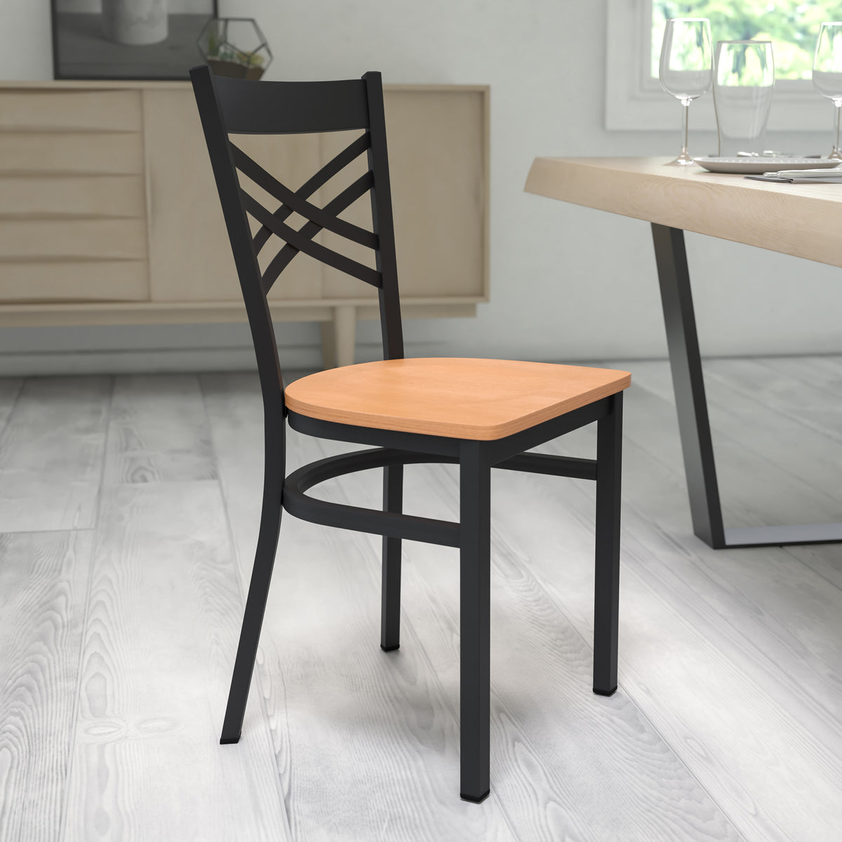 Natural Wood Seat/Black Metal Frame |#| Black "X" Back Metal Restaurant Chair - Natural Wood Seat