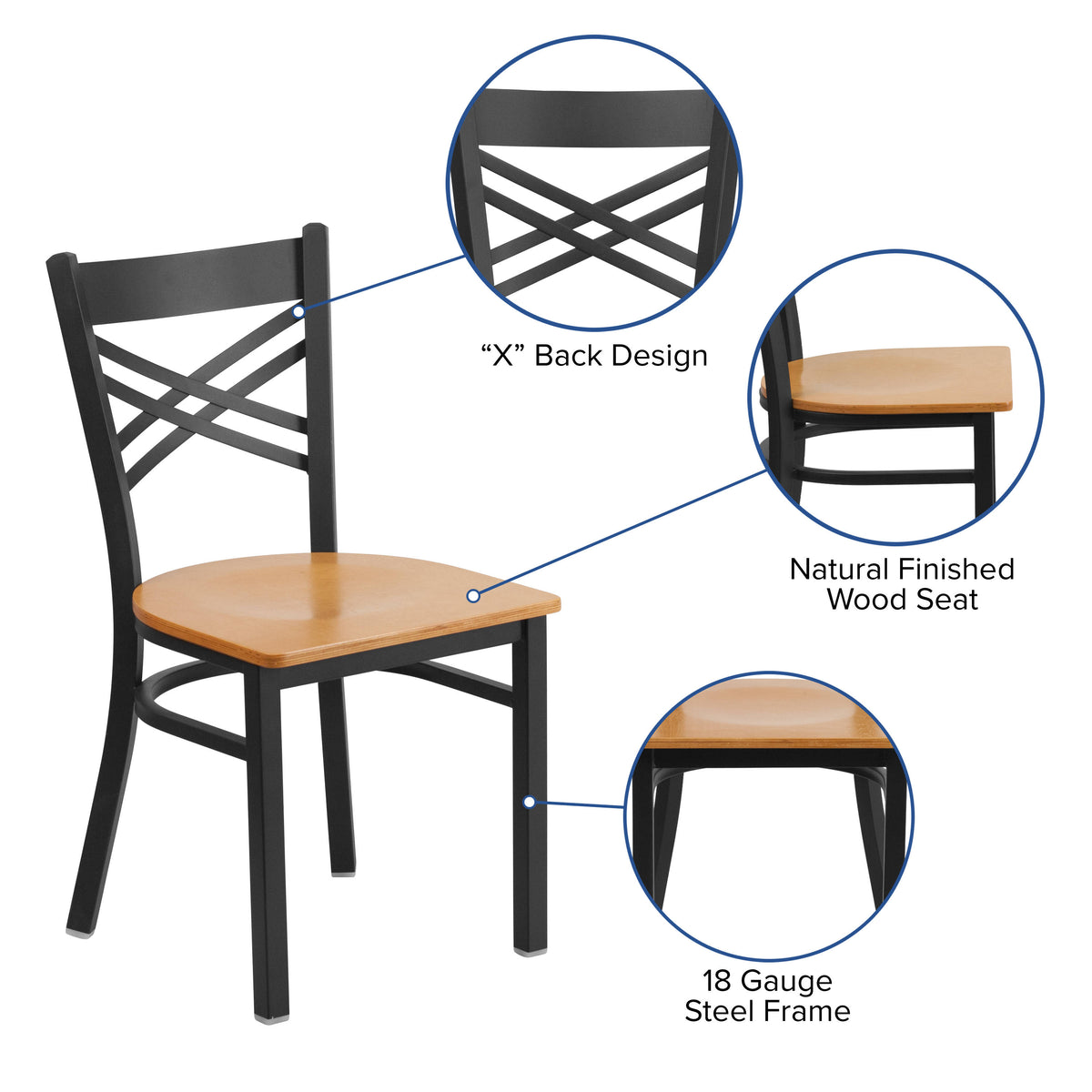 Natural Wood Seat/Black Metal Frame |#| Black "X" Back Metal Restaurant Chair - Natural Wood Seat