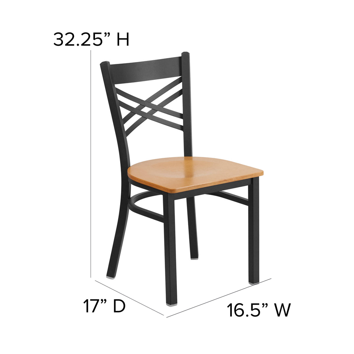Natural Wood Seat/Black Metal Frame |#| Black "X" Back Metal Restaurant Chair - Natural Wood Seat