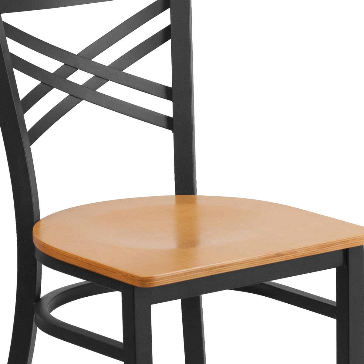 Natural Wood Seat/Black Metal Frame |#| Black "X" Back Metal Restaurant Chair - Natural Wood Seat