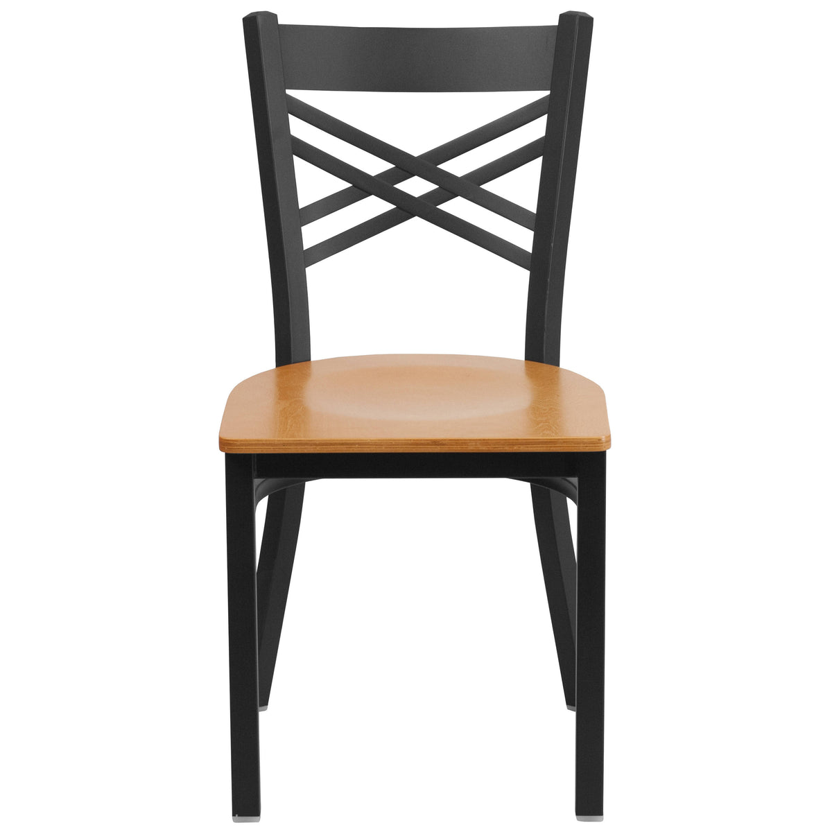 Natural Wood Seat/Black Metal Frame |#| Black "X" Back Metal Restaurant Chair - Natural Wood Seat