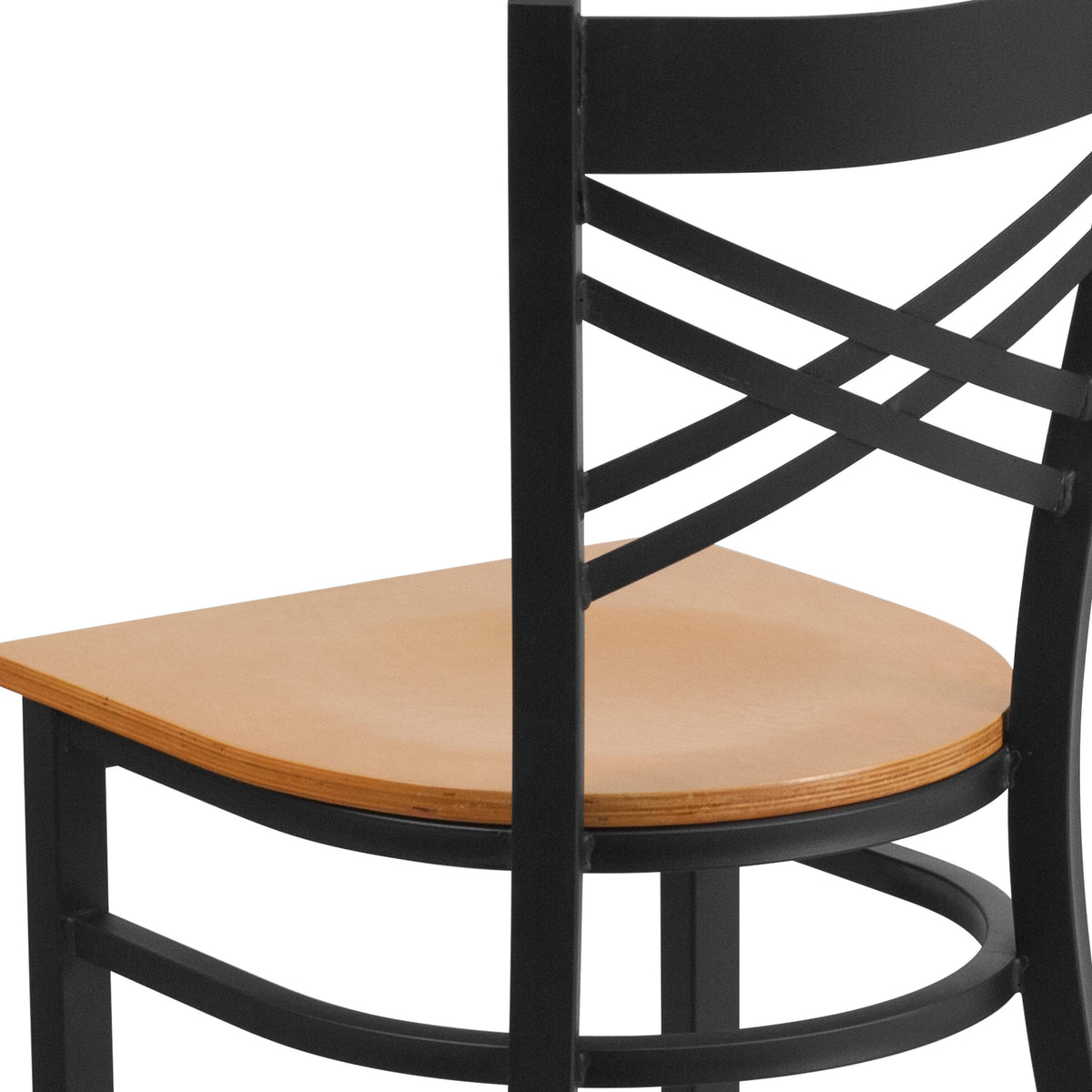 Natural Wood Seat/Black Metal Frame |#| Black "X" Back Metal Restaurant Chair - Natural Wood Seat