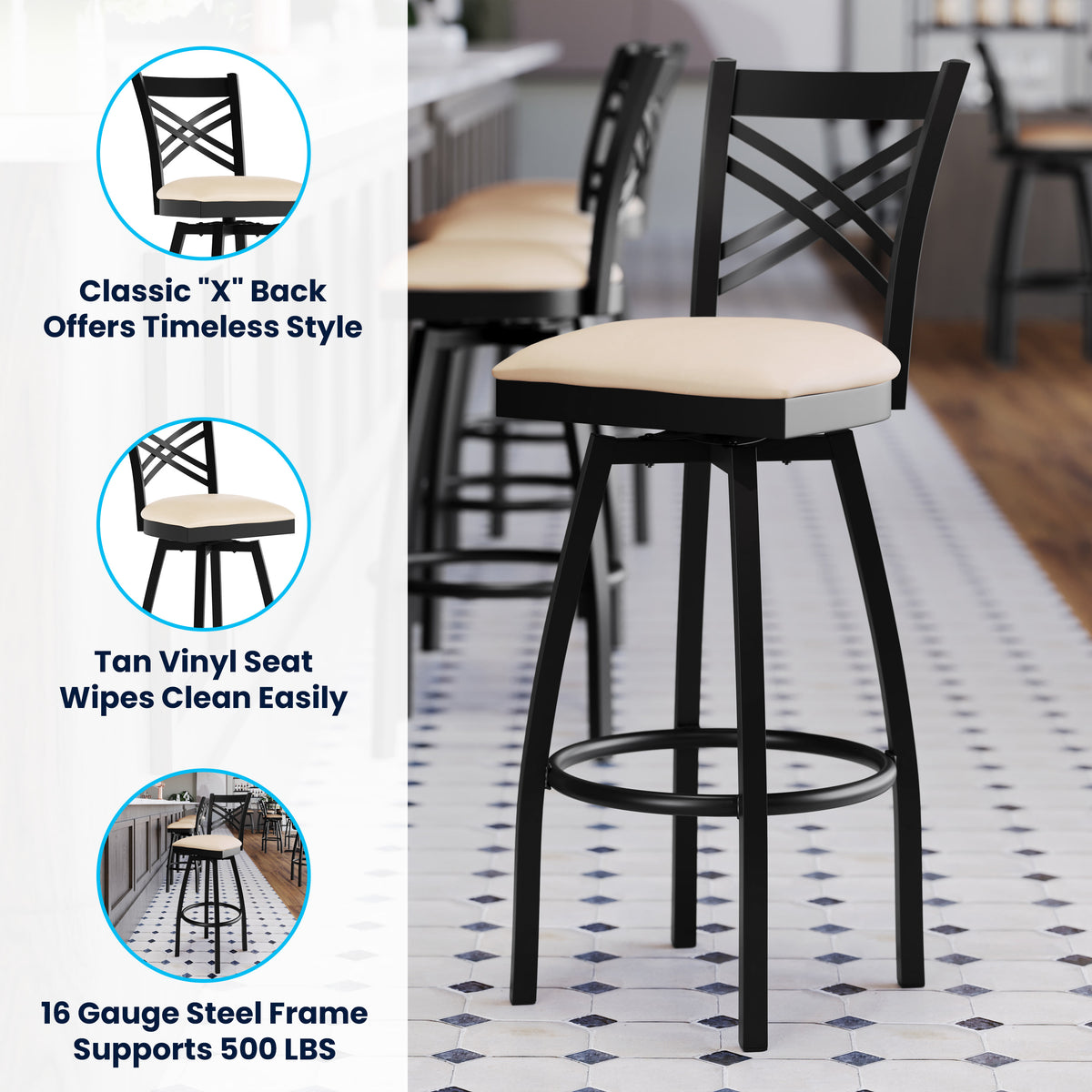 Tan Vinyl Seat/Black Metal Frame |#| Commercial Black X-Back Swivel Metal Barstool with Tan Vinyl Seat