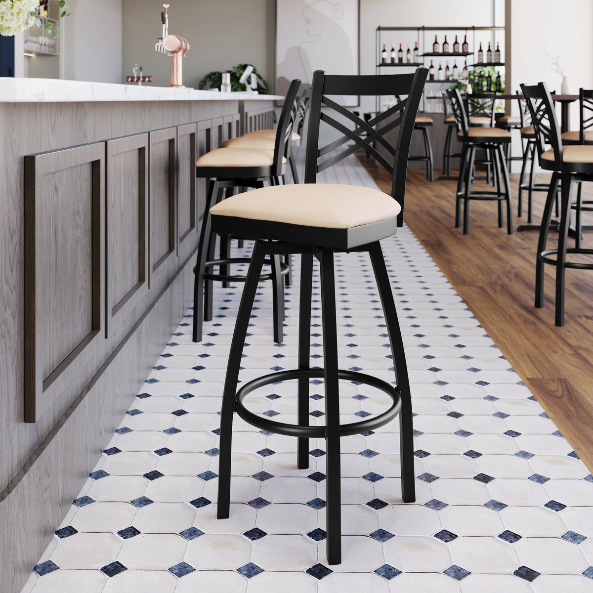 Tan Vinyl Seat/Black Metal Frame |#| Commercial Black X-Back Swivel Metal Barstool with Tan Vinyl Seat