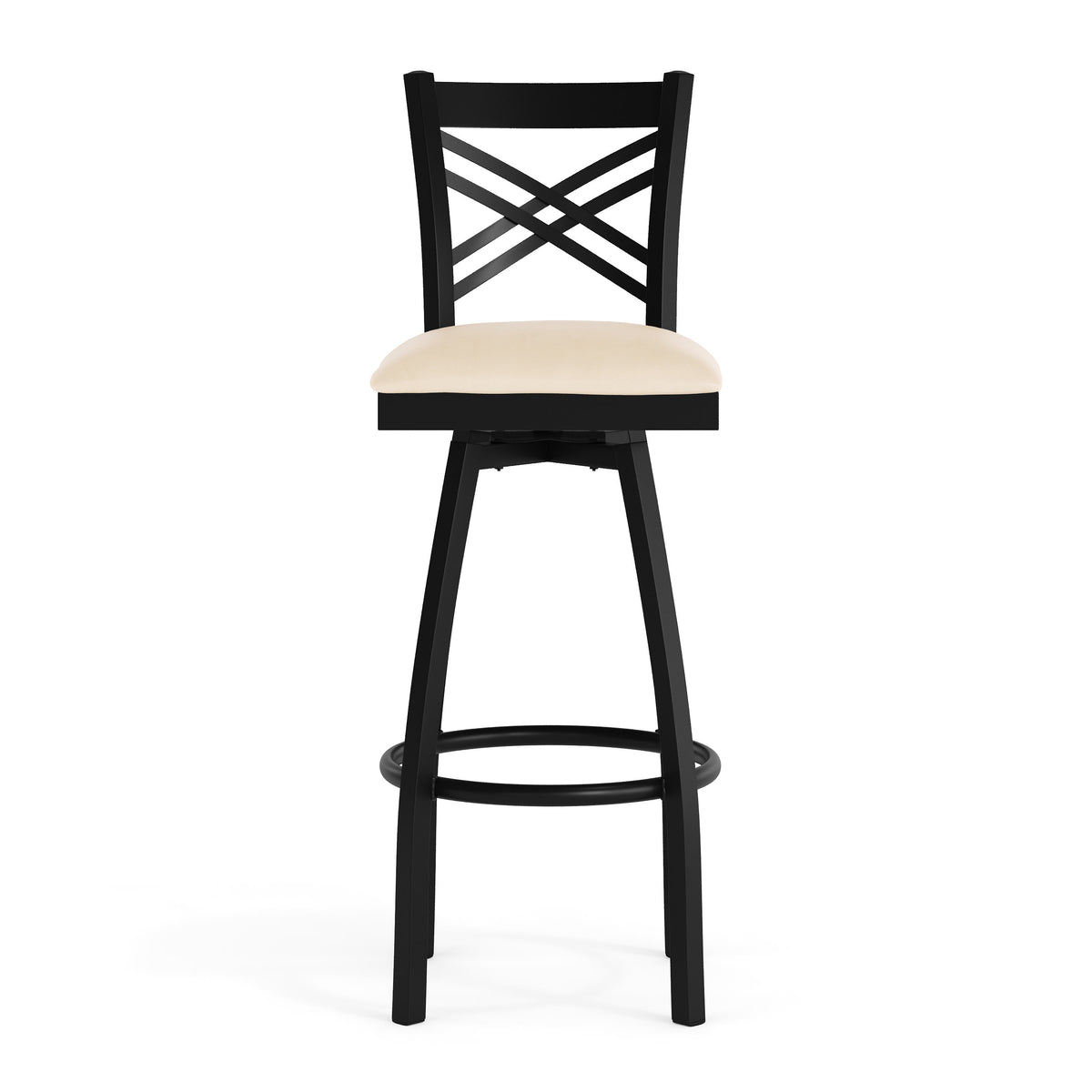 Tan Vinyl Seat/Black Metal Frame |#| Commercial Black X-Back Swivel Metal Barstool with Tan Vinyl Seat