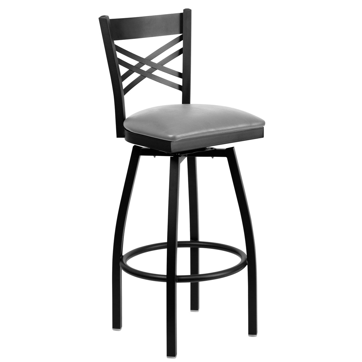 Custom Upholstery/Black Metal Frame |#| Black "X" Back Swivel Metal Barstool - Custom Upholstered Seat