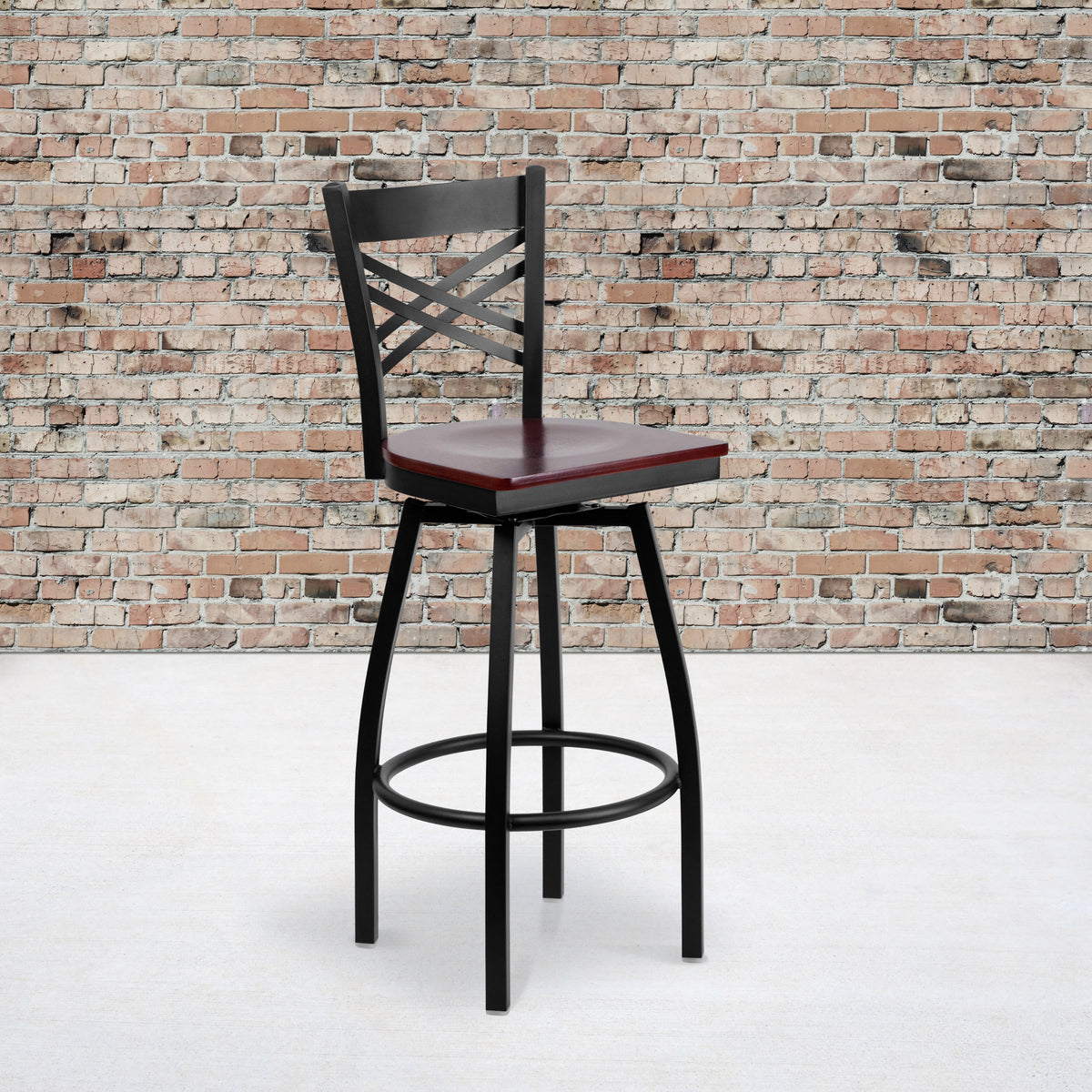 Mahogany Wood Seat/Black Metal Frame |#| Black "X" Back Swivel Metal Barstool - Mahogany Wood Seat