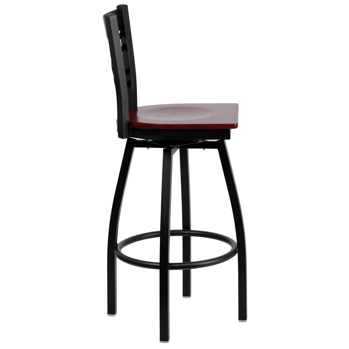 Mahogany Wood Seat/Black Metal Frame |#| Black "X" Back Swivel Metal Barstool - Mahogany Wood Seat