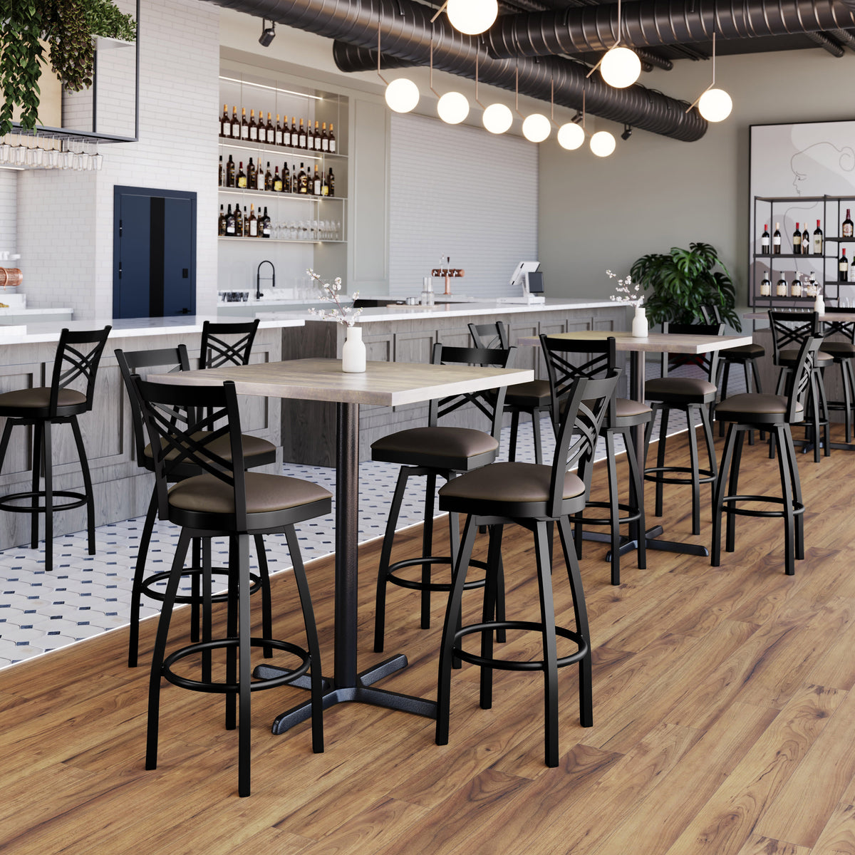 Mocha Vinyl Seat/Black Metal Frame |#| Commercial Black X-Back Swivel Metal Barstool with Mocha Vinyl Seat