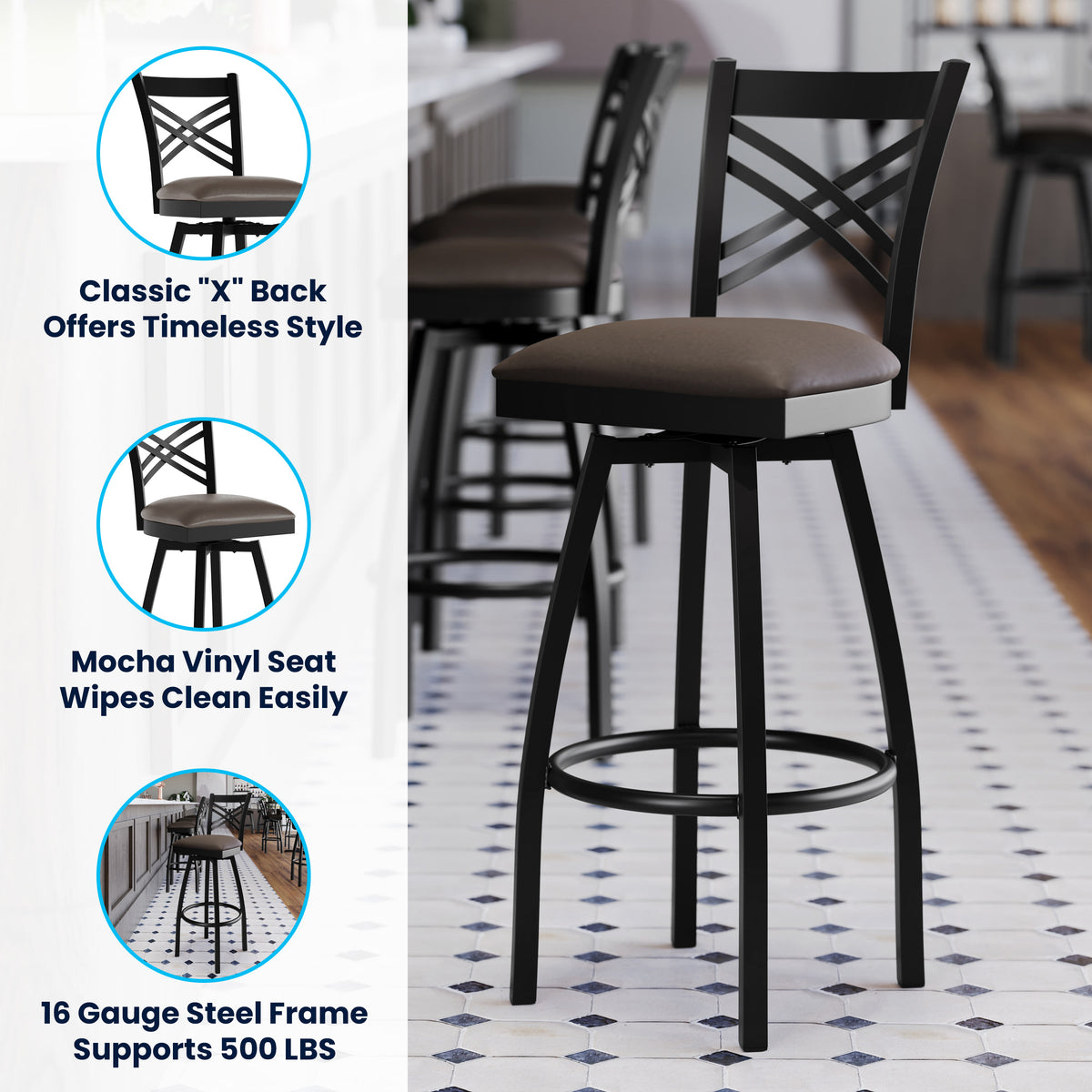 Mocha Vinyl Seat/Black Metal Frame |#| Commercial Black X-Back Swivel Metal Barstool with Mocha Vinyl Seat