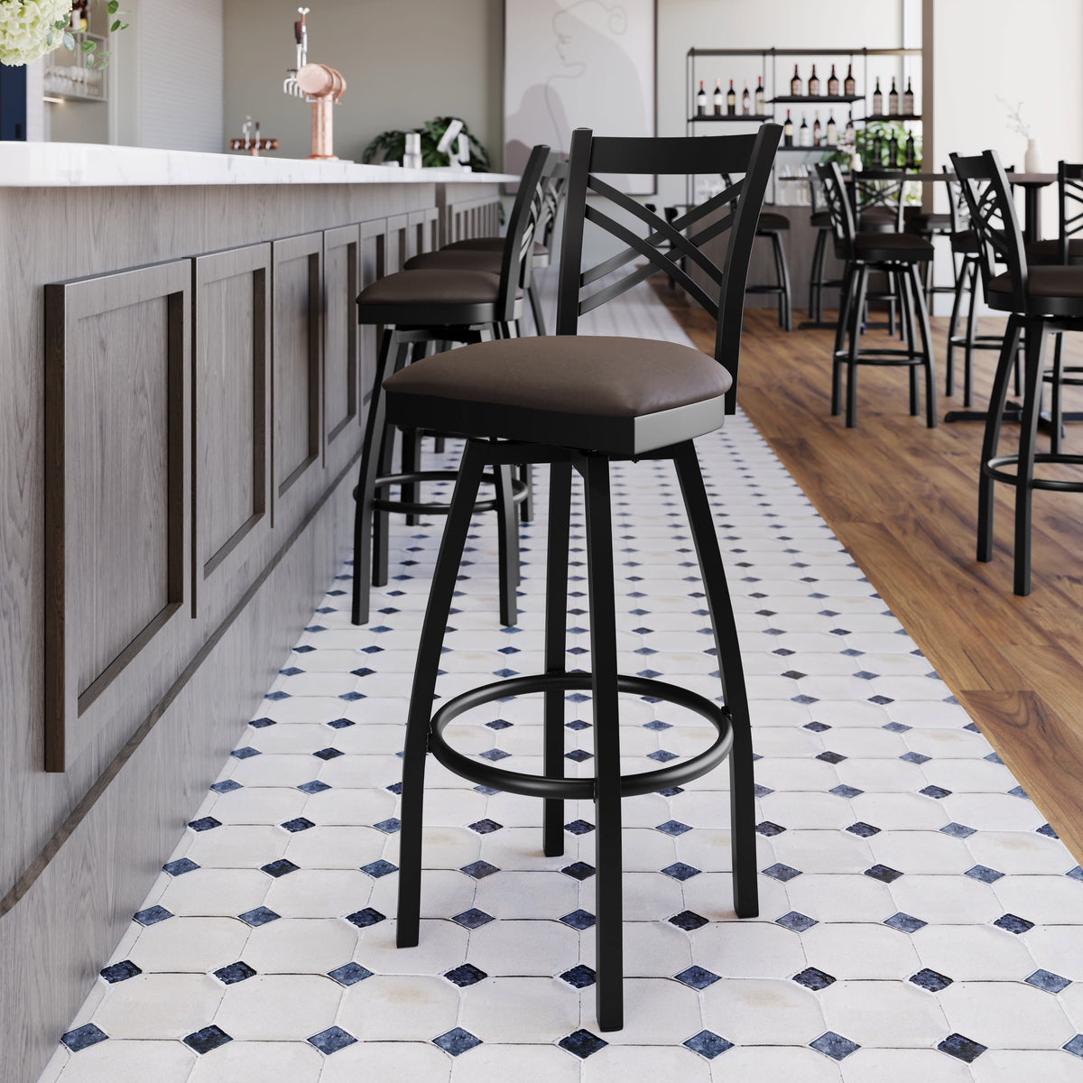 Mocha Vinyl Seat/Black Metal Frame |#| Commercial Black X-Back Swivel Metal Barstool with Mocha Vinyl Seat