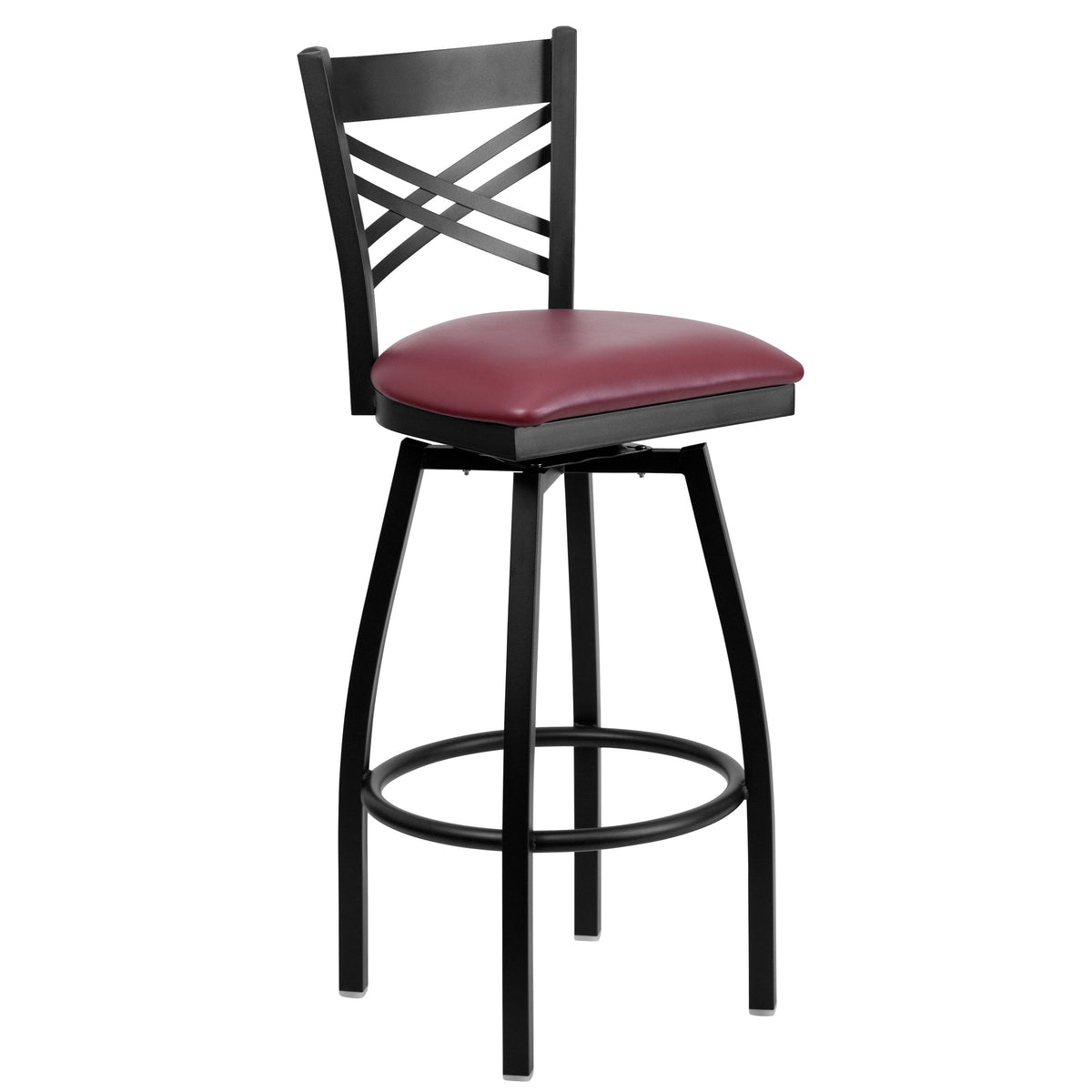 Burgundy Vinyl Seat/Black Metal Frame |#| Black "X" Back Swivel Metal Barstool - Burgundy Vinyl Seat