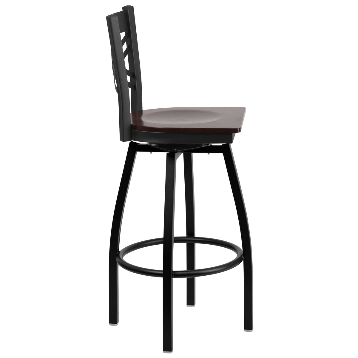 Walnut Wood Seat/Black Metal Frame |#| Black "X" Back Swivel Metal Barstool - Walnut Wood Seat