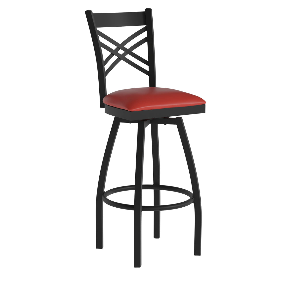 Red Vinyl Seat/Black Metal Frame |#| Black "X" Back Swivel Metal Barstool - Red Vinyl Seat