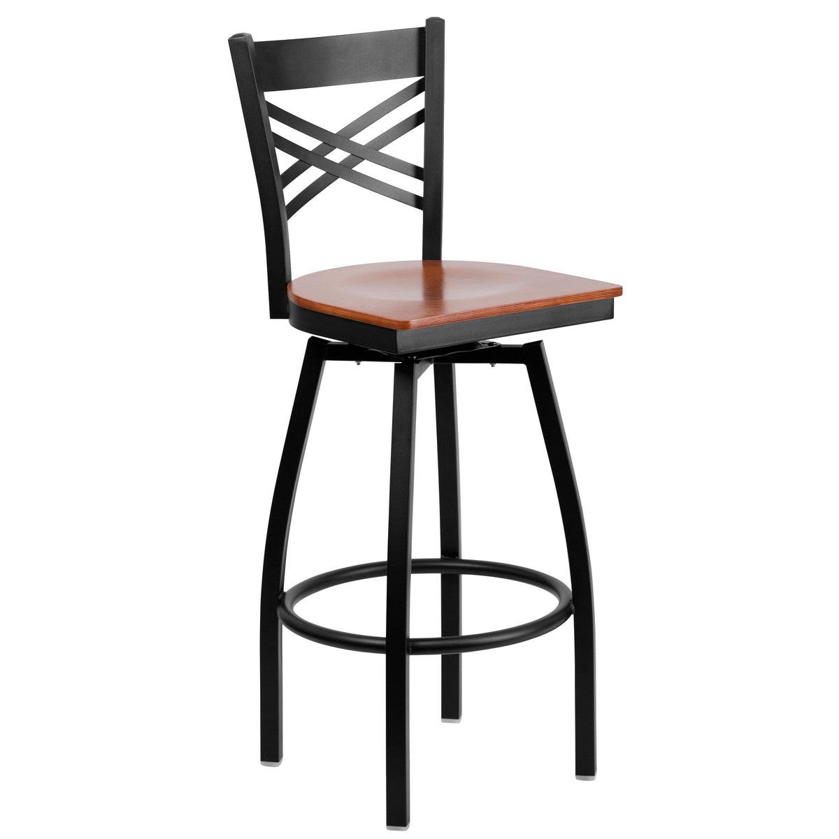 Cherry Wood Seat/Black Metal Frame |#| Black "X" Back Swivel Metal Barstool - Cherry Wood Seat