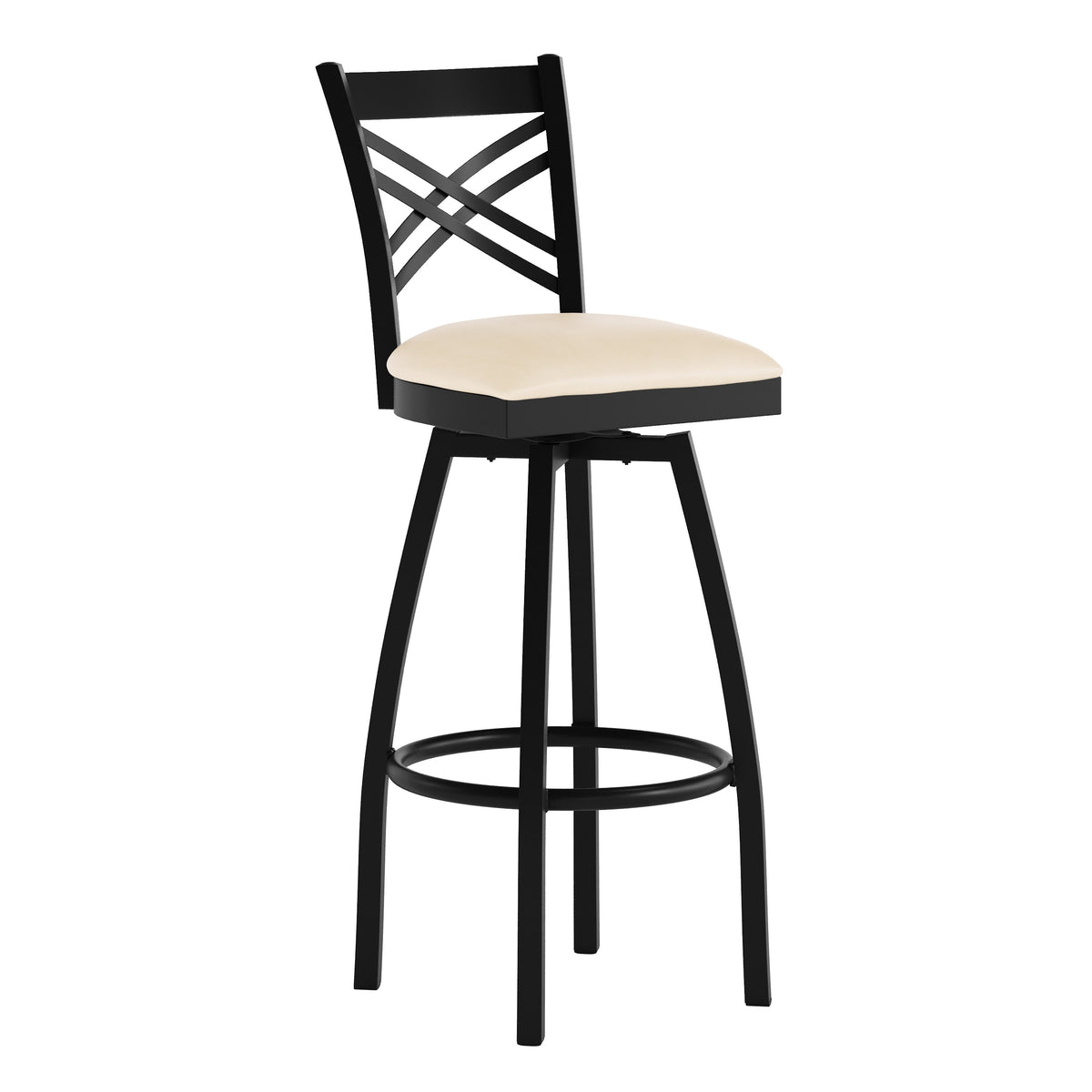 Tan Vinyl Seat/Black Metal Frame |#| Commercial Black X-Back Swivel Metal Barstool with Tan Vinyl Seat