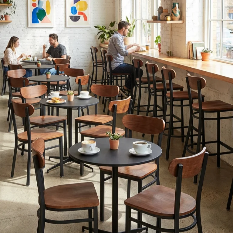 A bright cafe interior with multiple black metal and wood dining chairs, round black tables, and a wooden counter by large windows. Several people are seated or standing in the space, and the room has white brick walls, framed abstract art, plants, and coffee cups on tables.