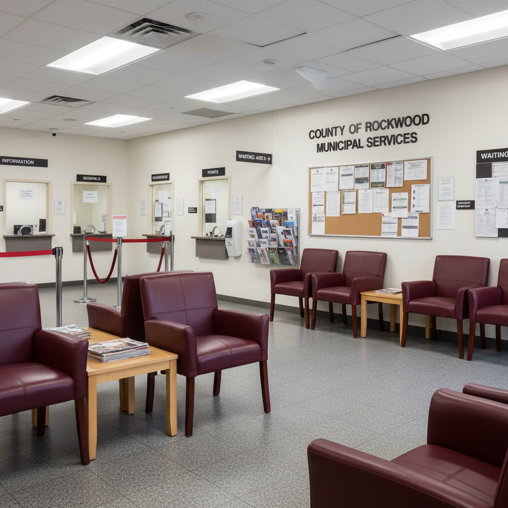 Waiting room with maroon chairs, tables, and a bulletin board on a wall with 'County of Rockwood Municipal Services' sign.