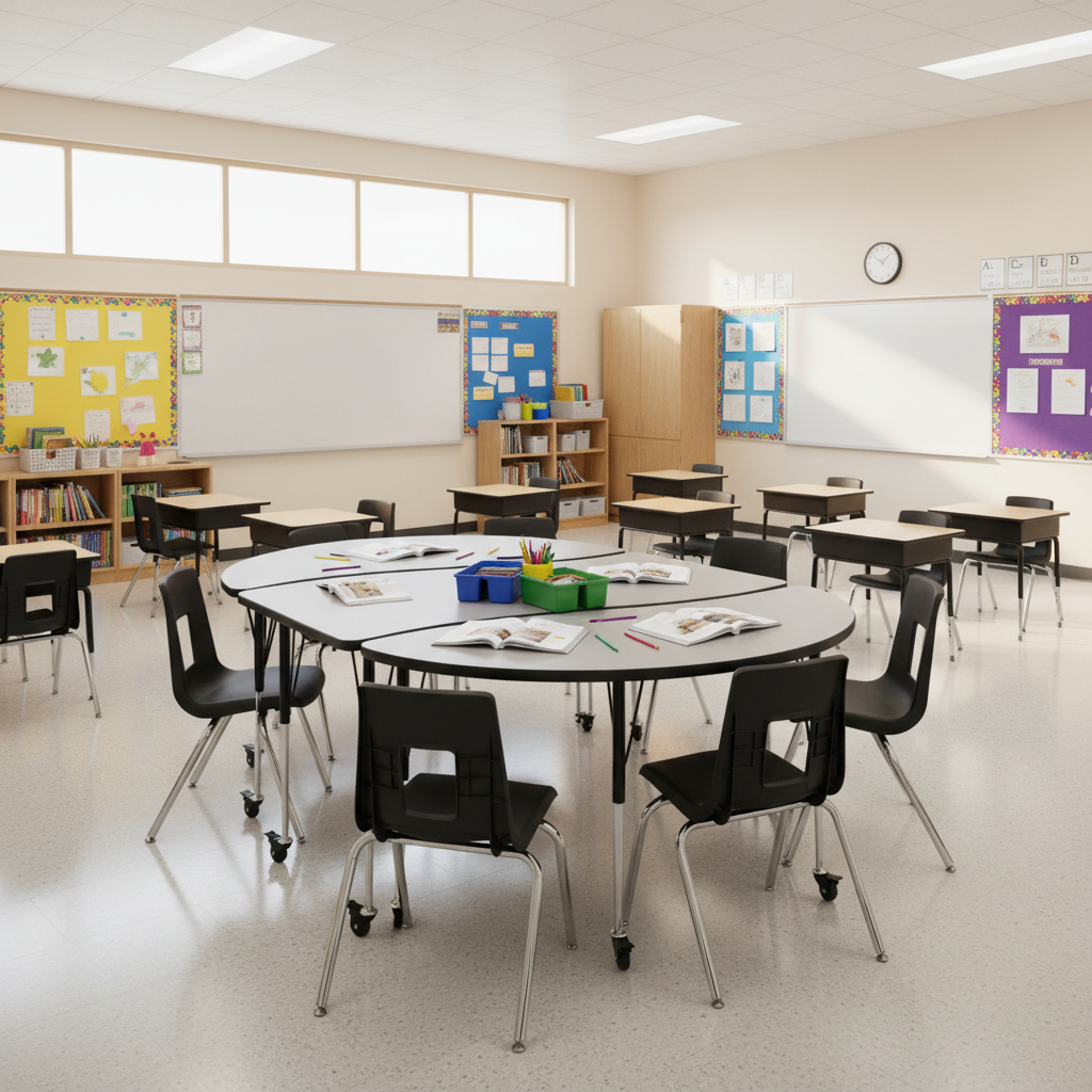 Classroom setup with chairs, desks, and collaborative table