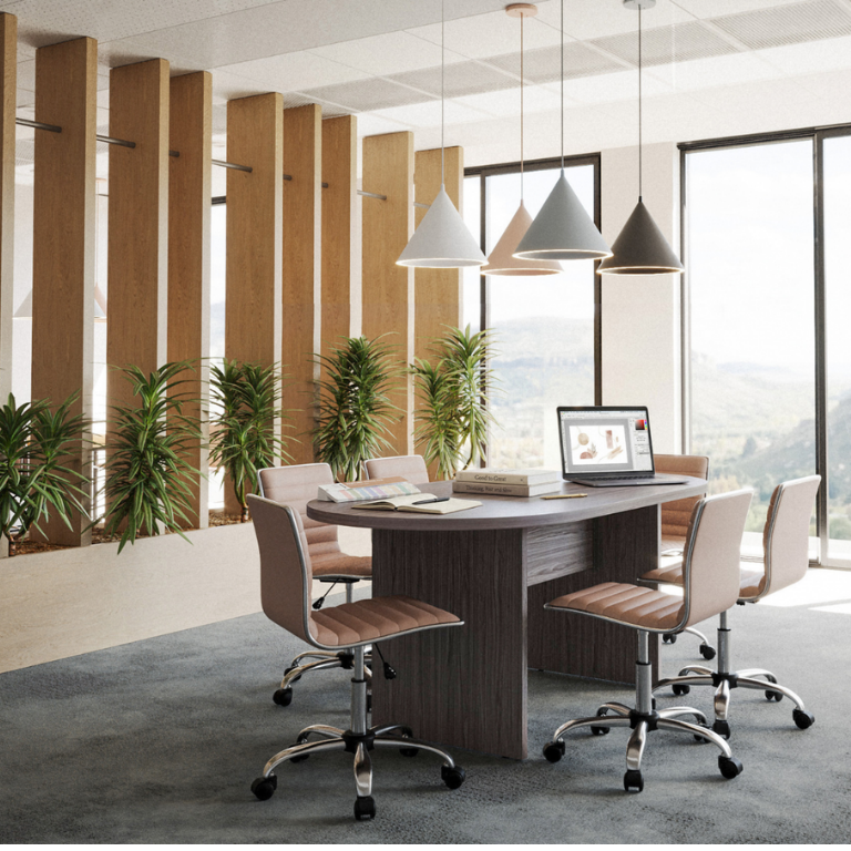 A modern conference room setup featuring a dark wood oval meeting table surrounded by six swivel office chairs with brown leather upholstery and chrome bases. The room has a large window looking out onto a mountain landscape, decorative wooden slat walls, potted plants, and three hanging pendant lights.